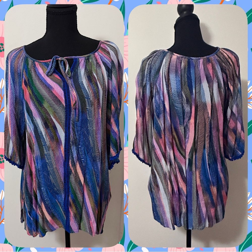 Suzanne Betro Women’s Blue and Pink Striped Short Sleeve Blouse-Sz Large
